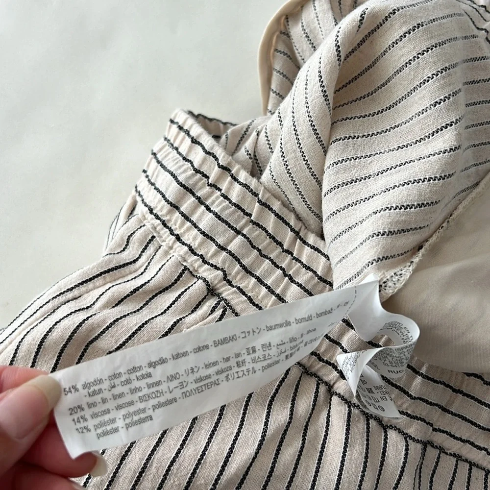 ZARA Drawstring Stripe Linen Cotton Wide Leg Pants Pockets Size L $79